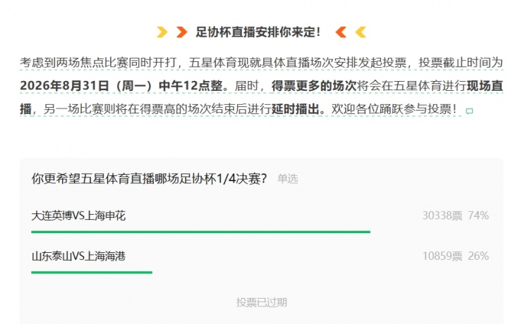 五星体育发布投票让球迷选择转播比赛,此前计划播海港现改播申花